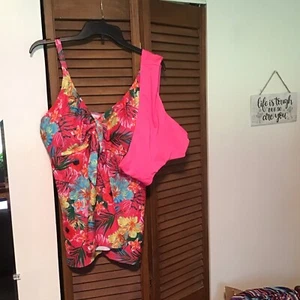 NWOT Tankini Top  And Bottoms Pink Floral Pleated Womens Size 2XL - Picture 1 of 4