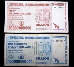 2 Zimbabwe agro cheque banknotes 1 x 50 & 100 Billion Dollars - Picture 1 of 2