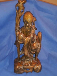 Vintage 13,5" chinesische Buchsbaumschnitzerei Shou Lao mit Kranich langes Leben Statue Figur - Bild 1 von 12
