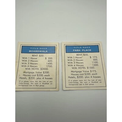 Vintage 1960s Monopoly Title Deed Cards Park Place and Boardwalk - Image 1 of 3