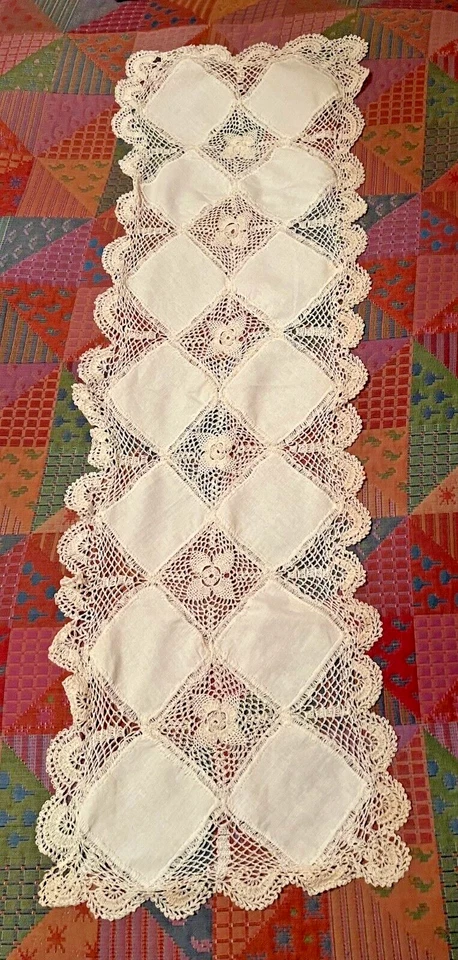 Vintage Cream White Linen Table Centre Table Runner Doily Hand Crochet Lace - Image 1 of 1
