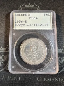 1936 D 50C PCGS MS64 Columbia Commerative Half in Rattler Case - Picture 1 of 2