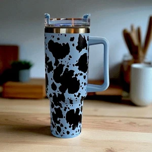 tumbler 40 Oz. Cow Print Baby Blue Stainless Steel Lid Straw Handle Insulated - Picture 1 of 3