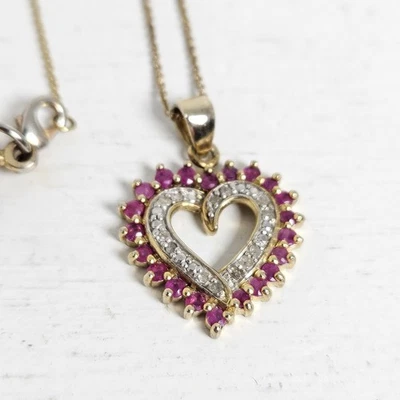 Pink Sapphire Diamond Heart Silver 925 Gold Tone Sterling Pendant Necklace 4g - Image 1 of 4