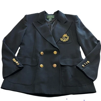 VTG 90’s LRL Lauren Ralph Lauren Wmns 10P DB 100% Wool Blazer 3D Gold Crest Navy - Image 1 of 4