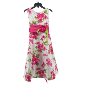 Emily West Girls Pink Green Floral Sleeveless Belted Formal A-Line Dress Size 7 - Picture 1 of 13
