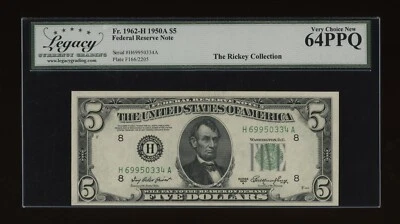 DBR 1950-A $5 FRN St. Louis Fr. 1962-H Legacy 64 PPQ Serial H69950334A - Image 1 of 2