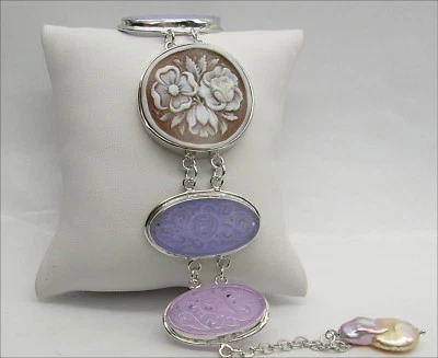 BRACCIALE IN ARGENTO CON GIADA VIOLA CAMMEO SARDONICO FIORE E PERLE   AGRP 017 - - Immagine 1 di 3