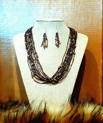 COOKIE LEE Hermoso collar de madera de vidrio de color otoñal 🍂 de 9"L 3"L Pendientes Jy1  Foto 1 de 4