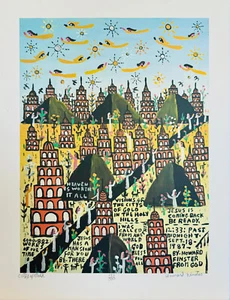 12x16" Howard Finster Signed Numbered City of Gold 1987 Lithograph Outsider Art - Picture 1 of 10