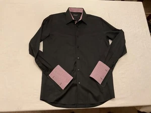 Domani Blue Label Mens Black Shirt w/Purple White Stripes French Cuff 15 32-33 - Picture 1 of 10