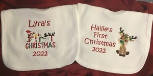 Personalised First Christmas 2022 Bib Baby Embroidered Gift Keep Sake Xmas 1st