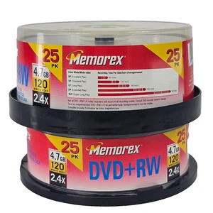 Lot 2 Memorex DVD+RW DVD RW 2x 25 Pack 4.7 GB 2.4X 120 Min Brand New Rewritable - Picture 1 of 5