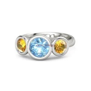 Anillo De Mujer De Topacio Azul Natural Y Citrino Con Plata Esterlina 925 3963 - Imagen 1 de 11