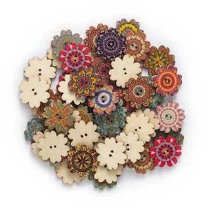 50pcs Floral Vibrant Painted Wood Buttons for Sewing Scrapbooking Clothing Craft - Picture 1 of 8