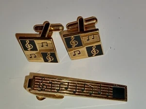Gemelos y clip de corbata G con clave de agudos a juego notas musicales tono dorado - Imagen 1 de 3