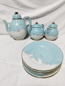 Japanese Nippon Tea Plates Set Vintage Blue White Lucky Cranes Lot Of 9 - Picture 1 of 11