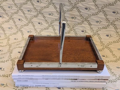 Art Deco 1930s Beech and Chrome Mounted Small Tray with Square Swing Handle - Image 1 of 4