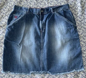 Minifalda de carpintero vintage Tommy Hilfiger de mezclilla con dobladillo deshilachado para mujer talla 16 Y2K - Imagen 1 de 4