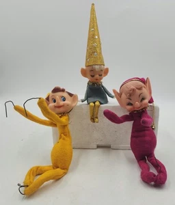 Vintage Knee Hugger Pixie Elves Christmas Tree Ornaments Lot 3 Elfinladder - Picture 1 of 21