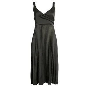 SAM EDELMAN Black Satin Pleated Midi Dress Size 2 V Neck Wrap Bodice Evening LBD - Picture 1 of 10
