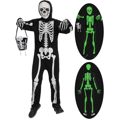 Glow in The Dark Skeleton Costume 2 Piece Set includes Jumpsuit Treat Bag size M - Image 1 of 4