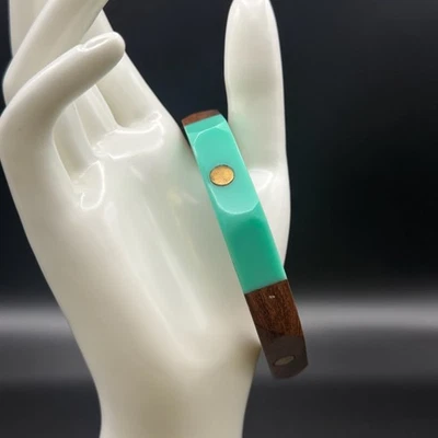 Vintage Wood & Aqua Enamel Hinged Bangle Bracelet Gold Tone Accent Cuff 90s Y2K - Image 1 of 2