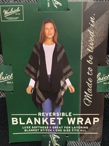 Woolrich Womens Blanket Wrap Reversible One Size Soft Black Gray Plaid -New - Picture 1 of 4