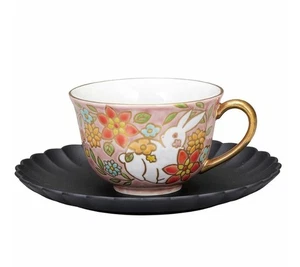 Kutani ware Porcelain Japanese Tea Cup & Saucer Set Pink White Rabbit Japan - Picture 1 of 3