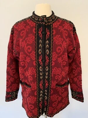 Cárdigan Suéter Diseño Islandés M Rojo Floral Mezcla Lana Botones Anudados 2001 Foto 1 de 4
