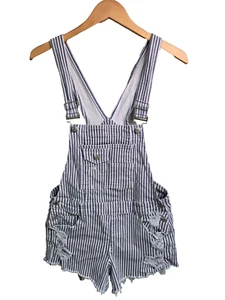 Almost Famous Denim Shortall Womens Size M White Blue Stripe Cotton Stretch - Picture 1 of 8
