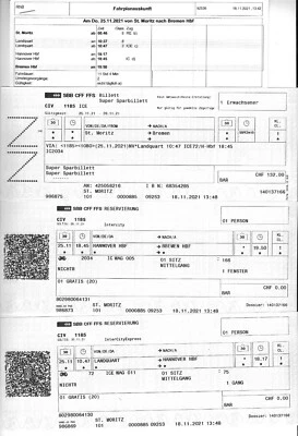 SBB DB Billet(Superspar) St. Moritz-Bremen (1.Kls), Hin 25.11.- Zurück 28.11.21 - Bild 1 von 2