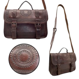 Vintage 70s Large Handmade Tooled Leather Messenger Bag Crossbody Laptop Travel - Picture 1 of 24