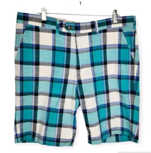 Loudmouth Golf Shorts Men's Size 40 Flat Front Chino Bermuda Blue Plaid Stretch - Picture 1 of 9