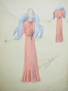 Atelier VIONNET - Dibujo Original - Lápiz - Conjunto Rosa Y Azul 247 - Picture 1 of 2