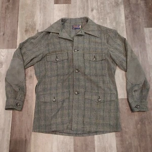 Vintage Plaid Pendleton Wool Flannel Four Pocket Shirt Suede Elbow Patches Med - Picture 1 of 8