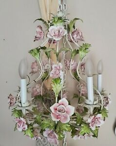 Vintage Italian French Tole 5 Light Chandelier Leaf Metal Flowers Pink Roses