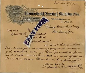 Máquina de coser doméstica 1897 LETTERHEAD William Dole Chicago George Newhall R.I - Imagen 1 de 1