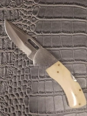 Navaja de bolsillo punta de lanza dentada de acero inoxidable con mango de hueso de ganado 440hc Foto 1 de 4