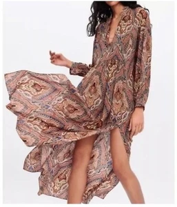 Zara Maxi Tunic Dress S Paisley Orange Brown Long Sleeves Bohemian Boho Hippie - Picture 1 of 7