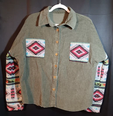 Chaqueta Camisa 2XL De Gran Tamaño Pana Azteca Verde Abotonada Otoño Boho Oeste Foto 1 de 4