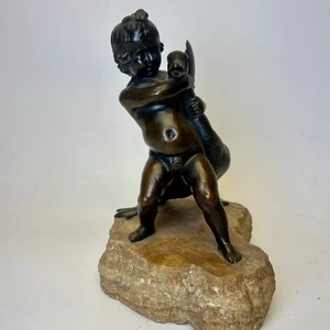 Antike Carl Thenn Kauba 1865-1922 Bronze Skulptur Junge Cherub Gans Marmor - Bild 1 von 10