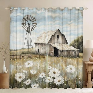 Farmhouse Curtains 38" Wx45 L Rustic Barn Farm Scene Window Treatments Rural ... - Picture 1 of 7
