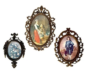 Vintage Brass Italian Ornate Oval Wall Frame Set With Decorative Set of 3 - Picture 1 of 13
