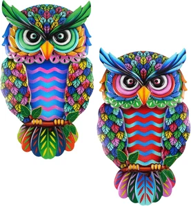 2 Pack Metal Owl Wall Art Decor, Colorful Owl Garden Ornaments, Wrought Iron Wal - Picture 1 of 14