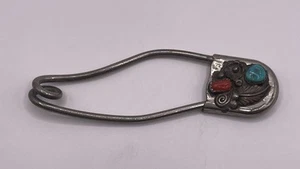 Sterling Silver Navajo Turquoise And Coral Safety Brooch Pin (15.11g) - Picture 1 of 5