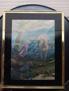 Vintage Einhorn Fantasy Kunst Foliendruck 80er Jahre Wandbehang gerahmt 8x10 - Bild 1 von 3