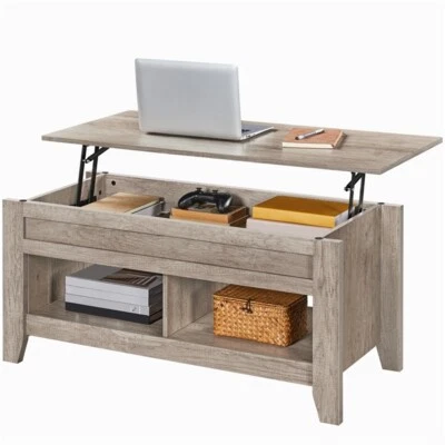 Table Basse à Plateau Relevable en Bois MDF Moderne Compartiments de Rangement - Photo 1/4