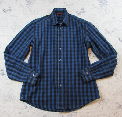 Camisa Barena Venezia Para Hombres Azul Negra Cuadros Larga Slv Botón Algodón Denim 50 EE. UU. L Foto 1 de 4