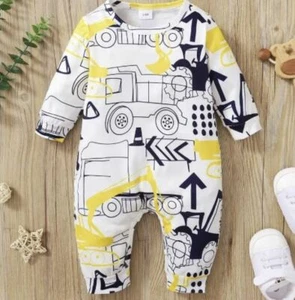 Infant Boy Construction Trucks Romper Jumpsuit Outfit Long Sleeve 3-6M 6-9M - Picture 1 of 4